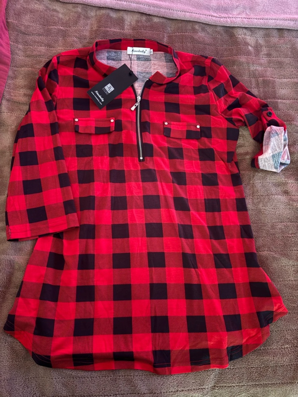 Red Black Plaid Zip-Front Blouse
